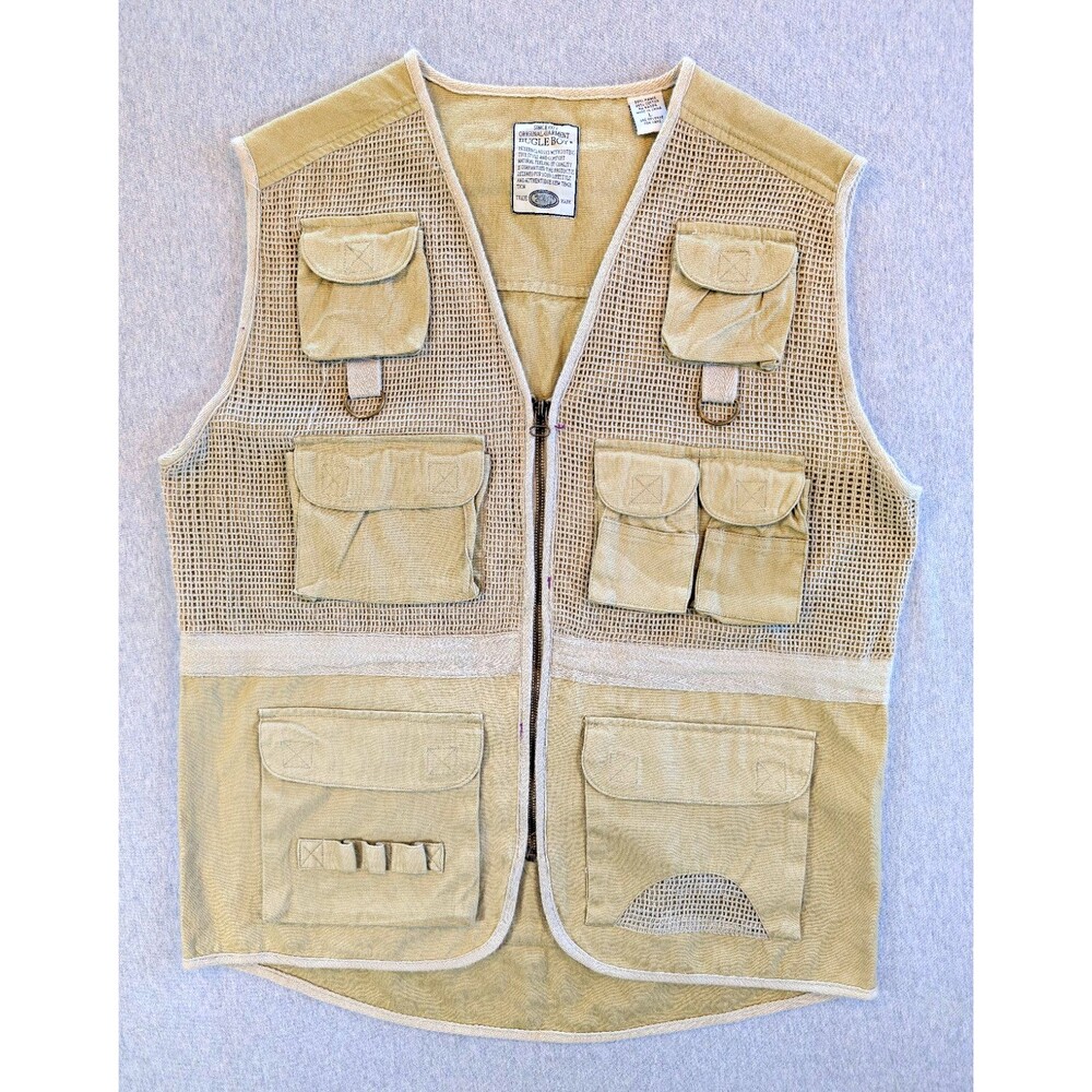 Bugle Boy Men's L Beige Utility Vest Full Zip Multi Pockets V-Neck Mid-Length